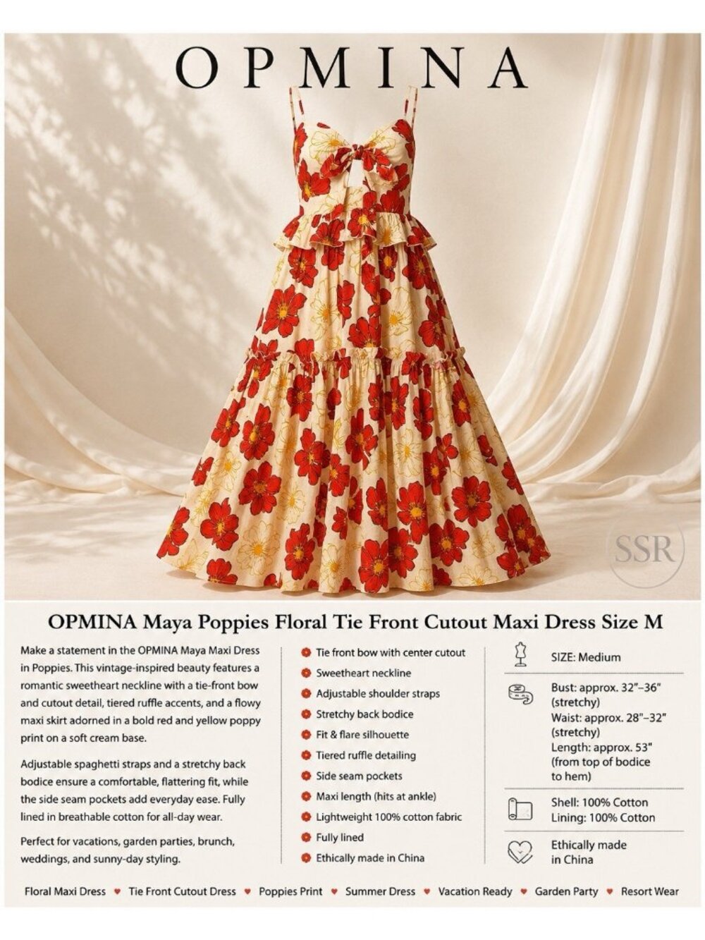 Opmina Maya Poppies Floral 100% Floral Cotton Tie Front Cutout Maxi Dress Size M - Picture 2 of 6